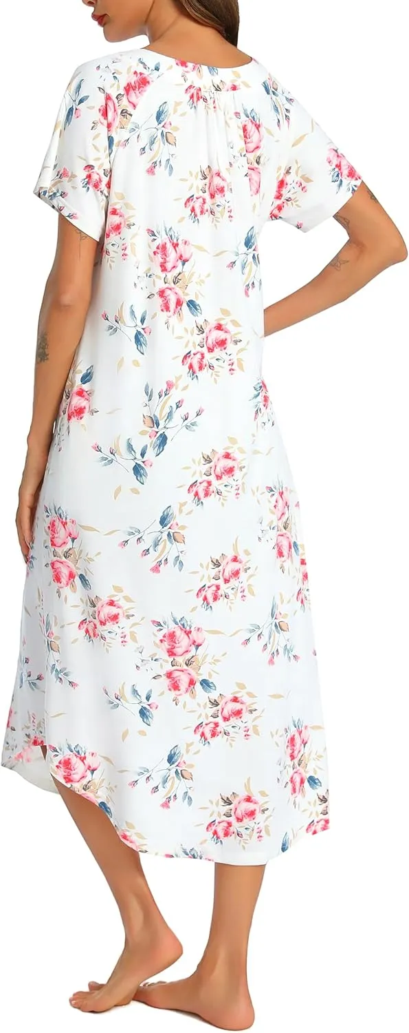 YOZLY Nightgowns for Women Short Sleeve Long Night Gowns Soft V Neck Sleepwear with Pockets