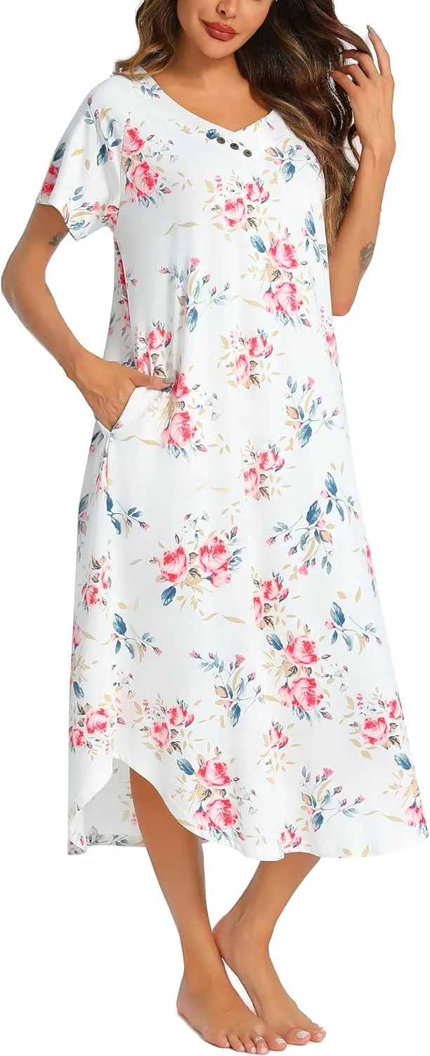 YOZLY Nightgowns for Women Short Sleeve Long Night Gowns Soft V Neck Sleepwear with Pockets