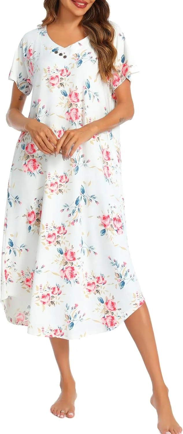 YOZLY Nightgowns for Women Short Sleeve Long Night Gowns Soft V Neck Sleepwear with Pockets