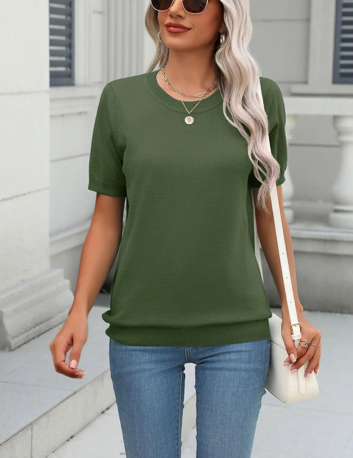 Zeagoo Womens Summer Short Sleeve Tops Crew Neck Lightweight Pullover Sweaters Loose Dressy Casual Blouse Basic Clothes
