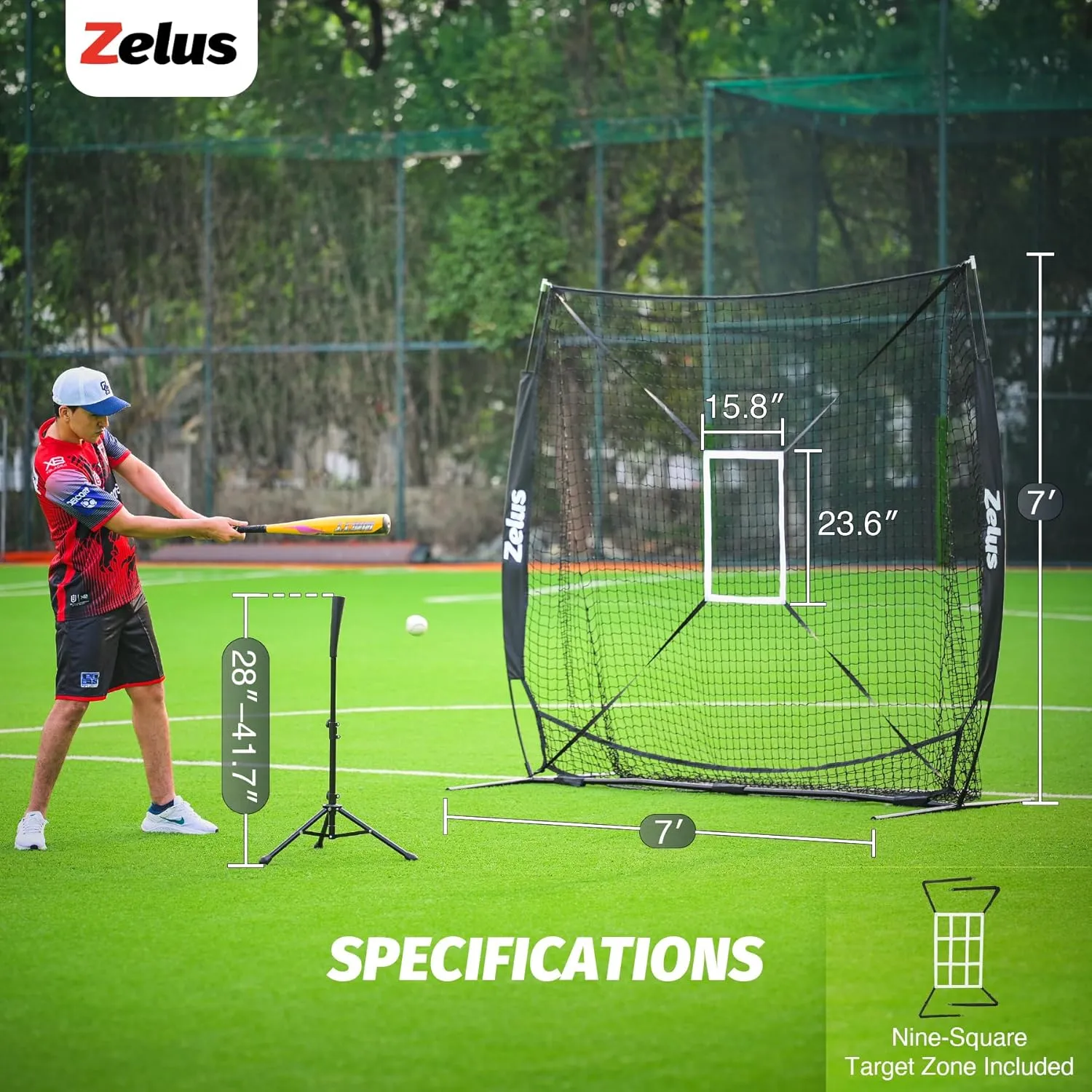 ZELUS 7x7 ft Baseball Hitting and Pitching Net with Batting Tee, 2 Strike Zone Large Ball Collection System, Portable Softball Net with Carry Bag for All Skill Levels