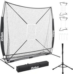 ZELUS 7x7 ft Baseball Hitting and Pitching Net with Batting Tee, 2 Strike Zone Large Ball Collection System, Portable Softball Net with Carry Bag for All Skill Levels