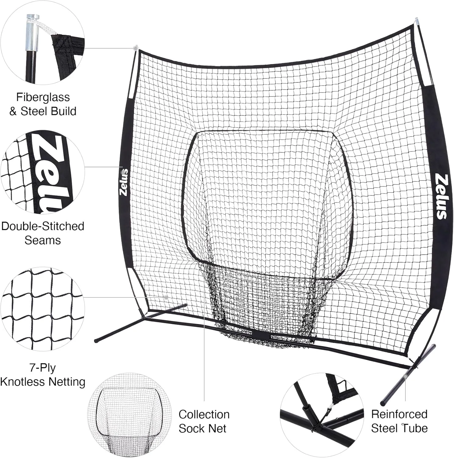 ZELUS Baseball Net 7 ft x7 ft, Softball Hitting & Pitching with Carry Bag, Ground Stakes, Portable Backstop & Bow Frame, Training Equipment for All Ages