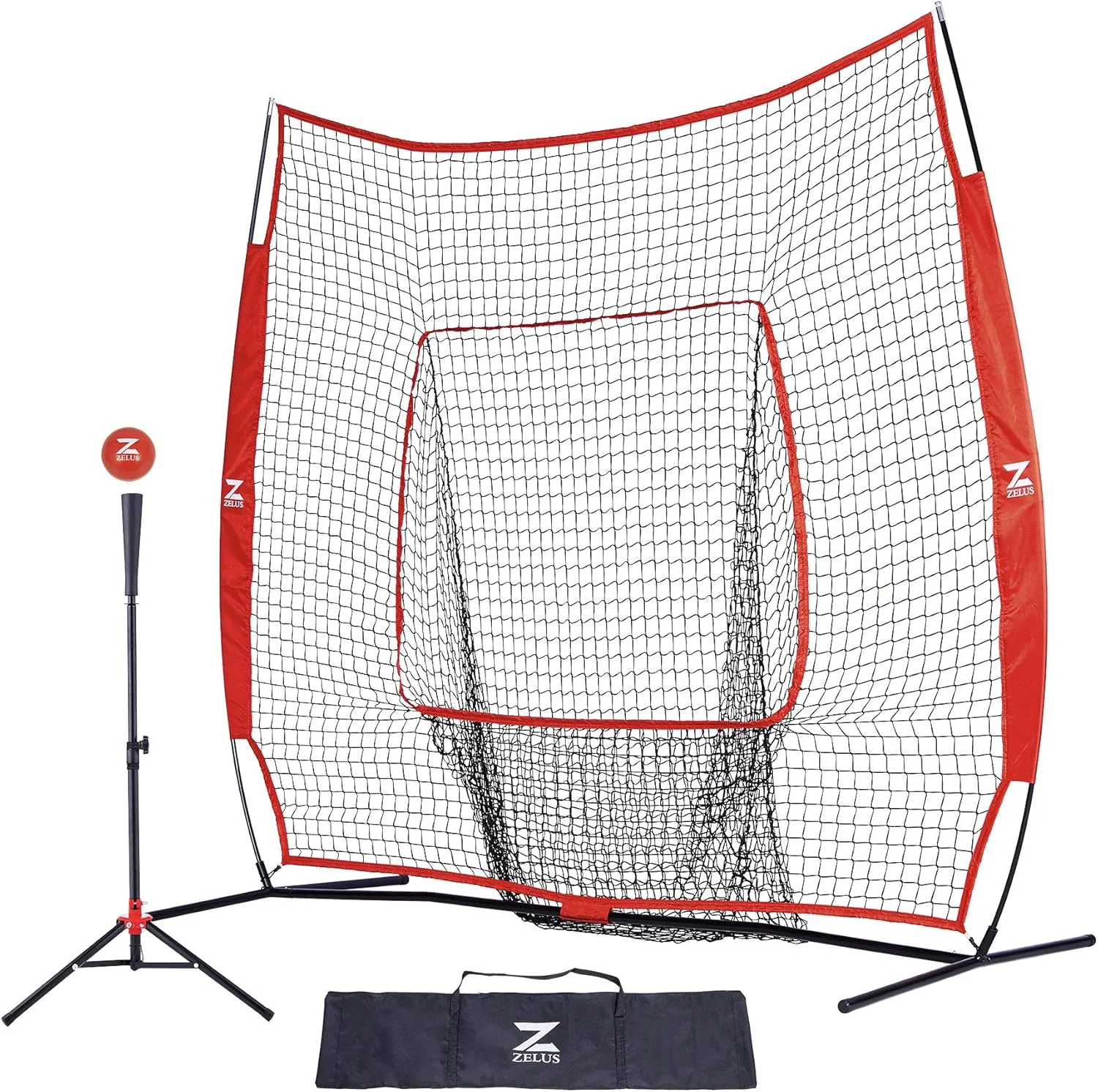 ZELUS Baseball Net 7 ft x7 ft, Softball Hitting & Pitching with Carry Bag, Ground Stakes, Portable Backstop & Bow Frame, Training Equipment for All Ages