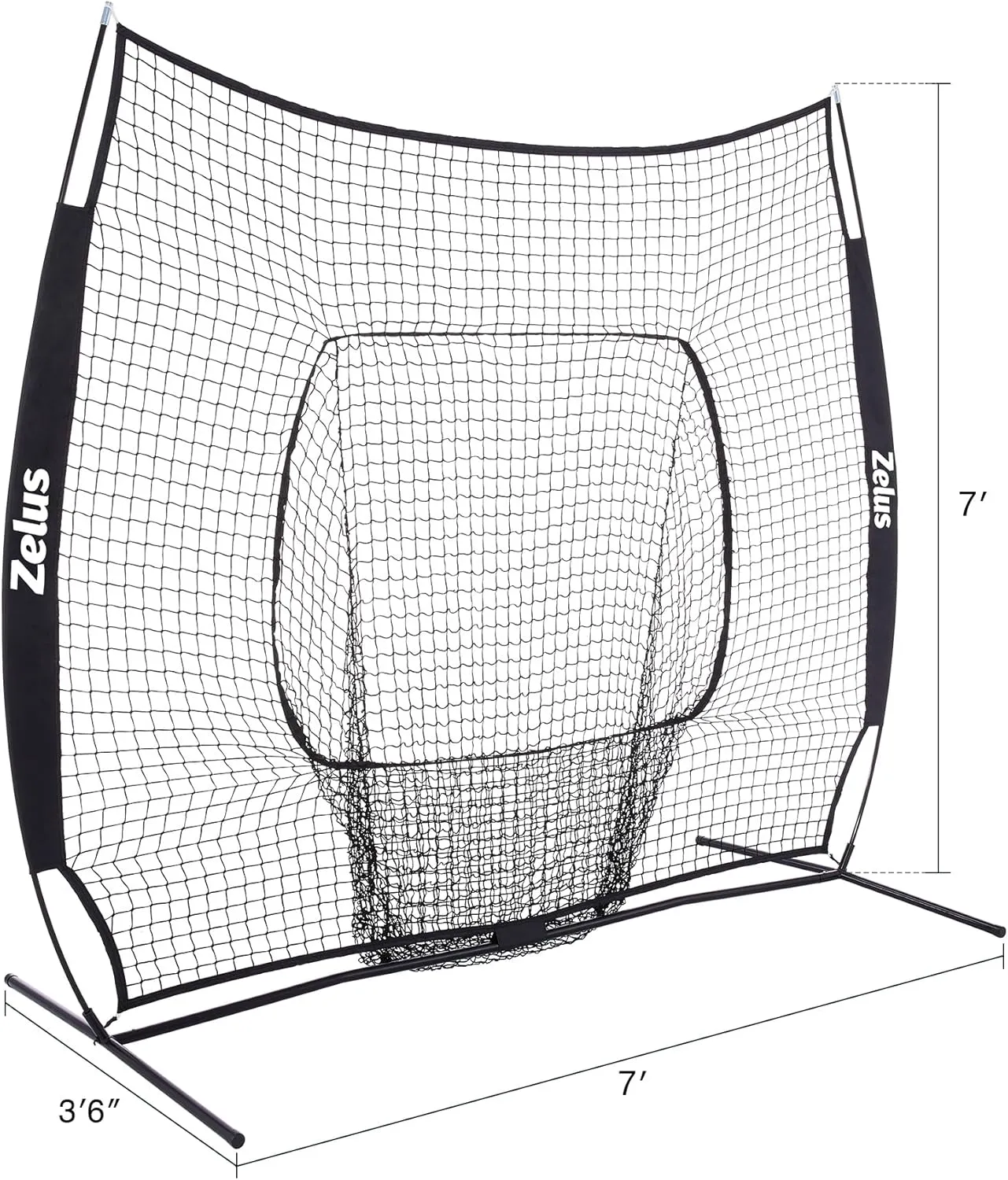 ZELUS Baseball Net 7 ft x7 ft, Softball Hitting & Pitching with Carry Bag, Ground Stakes, Portable Backstop & Bow Frame, Training Equipment for All Ages