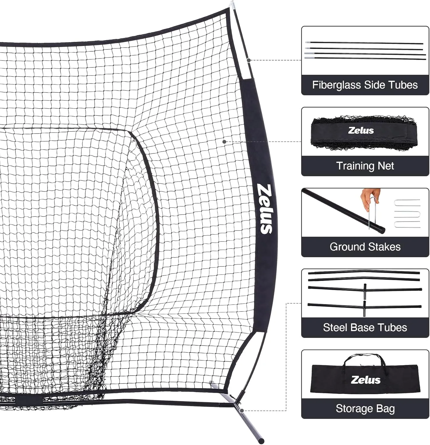ZELUS Baseball Net 7 ft x7 ft, Softball Hitting & Pitching with Carry Bag, Ground Stakes, Portable Backstop & Bow Frame, Training Equipment for All Ages