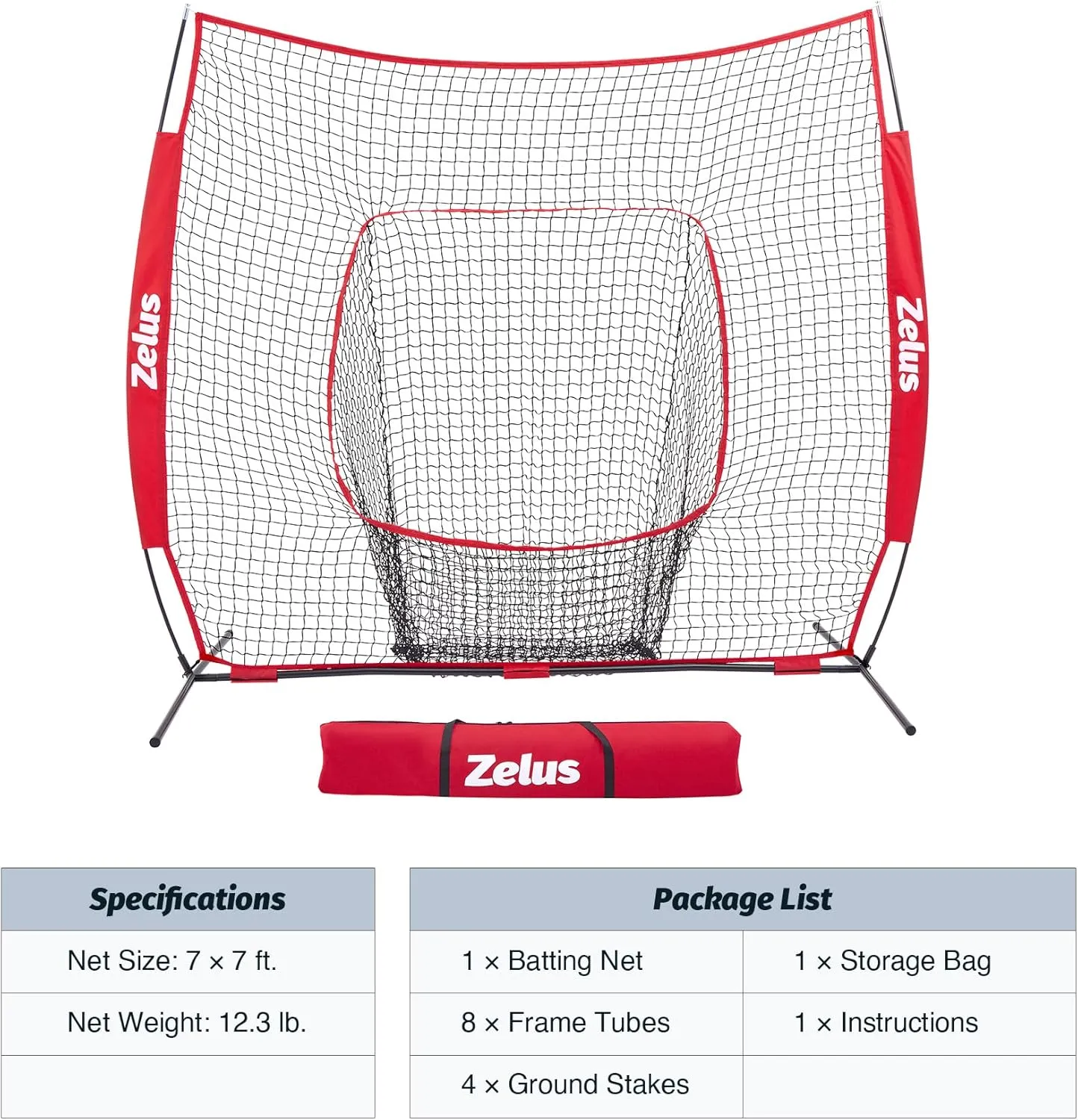 ZELUS Baseball Net 7 ft x7 ft, Softball Hitting & Pitching with Carry Bag, Ground Stakes, Portable Backstop & Bow Frame, Training Equipment for All Ages