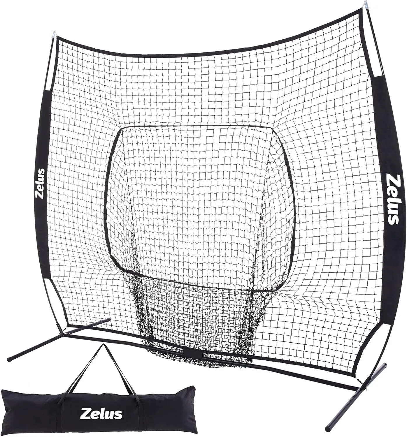ZELUS Baseball Net 7 ft x7 ft, Softball Hitting & Pitching with Carry Bag, Ground Stakes, Portable Backstop & Bow Frame, Training Equipment for All Ages